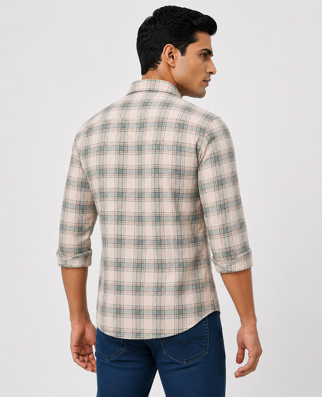 Men Oxford Square Checks Slim Fit Shirt – Green Grey