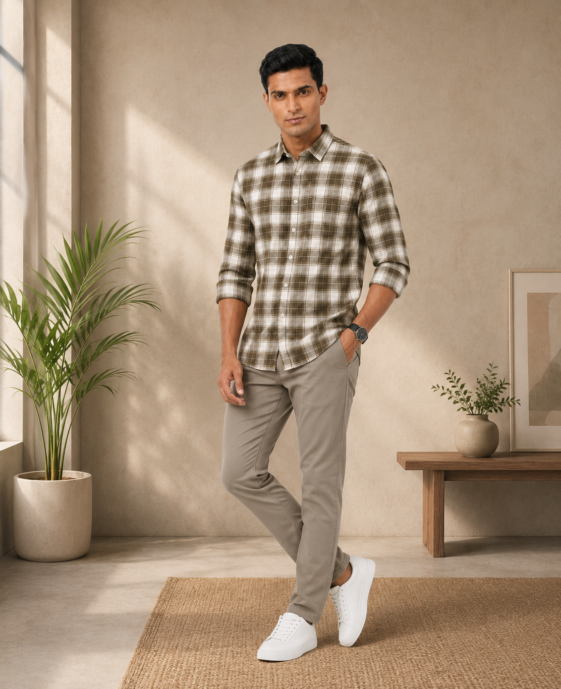 Men Oxford Square Checks Slim Fit Shirt – Olive Grey