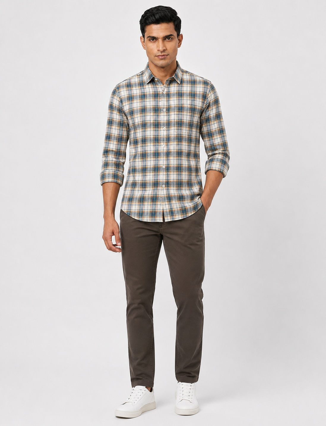 Men Oxford Square Checks Slim Fit Shirt – Aqua