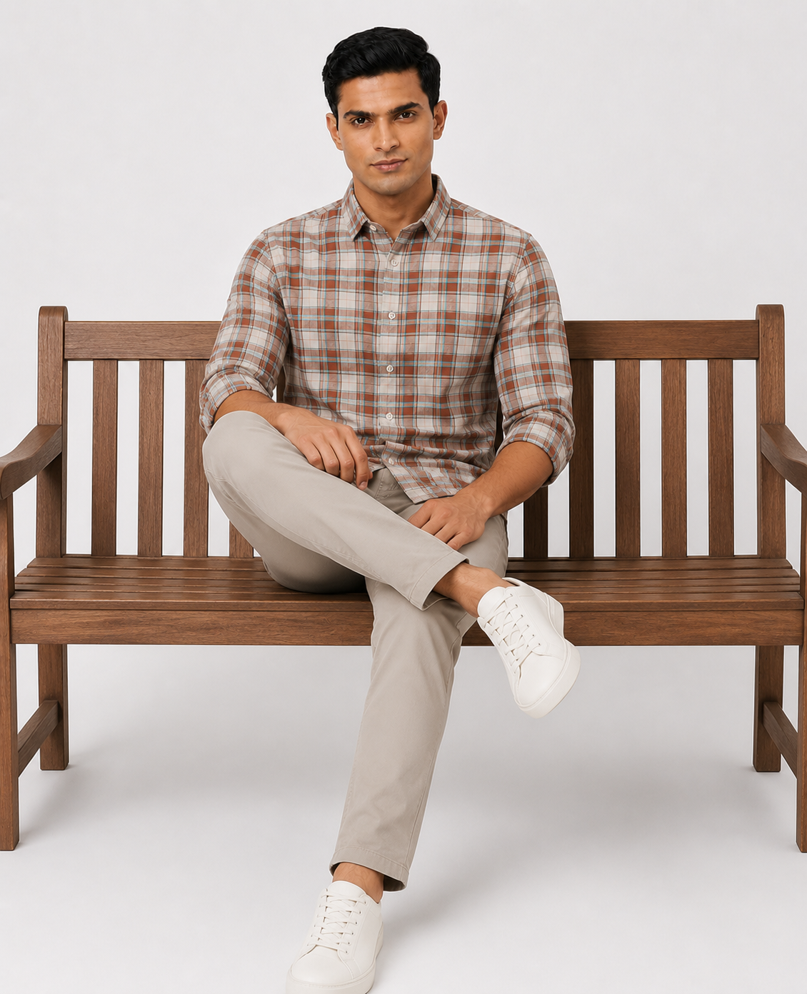 Men Oxford Square Checks Slim Fit Shirt – Red Blue