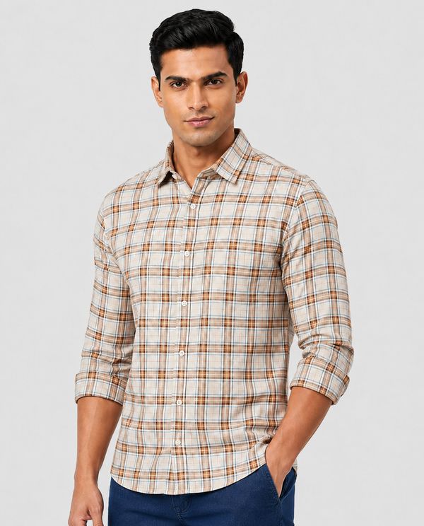 Men Oxford Square Checks Slim Fit Shirt – Brown Blue