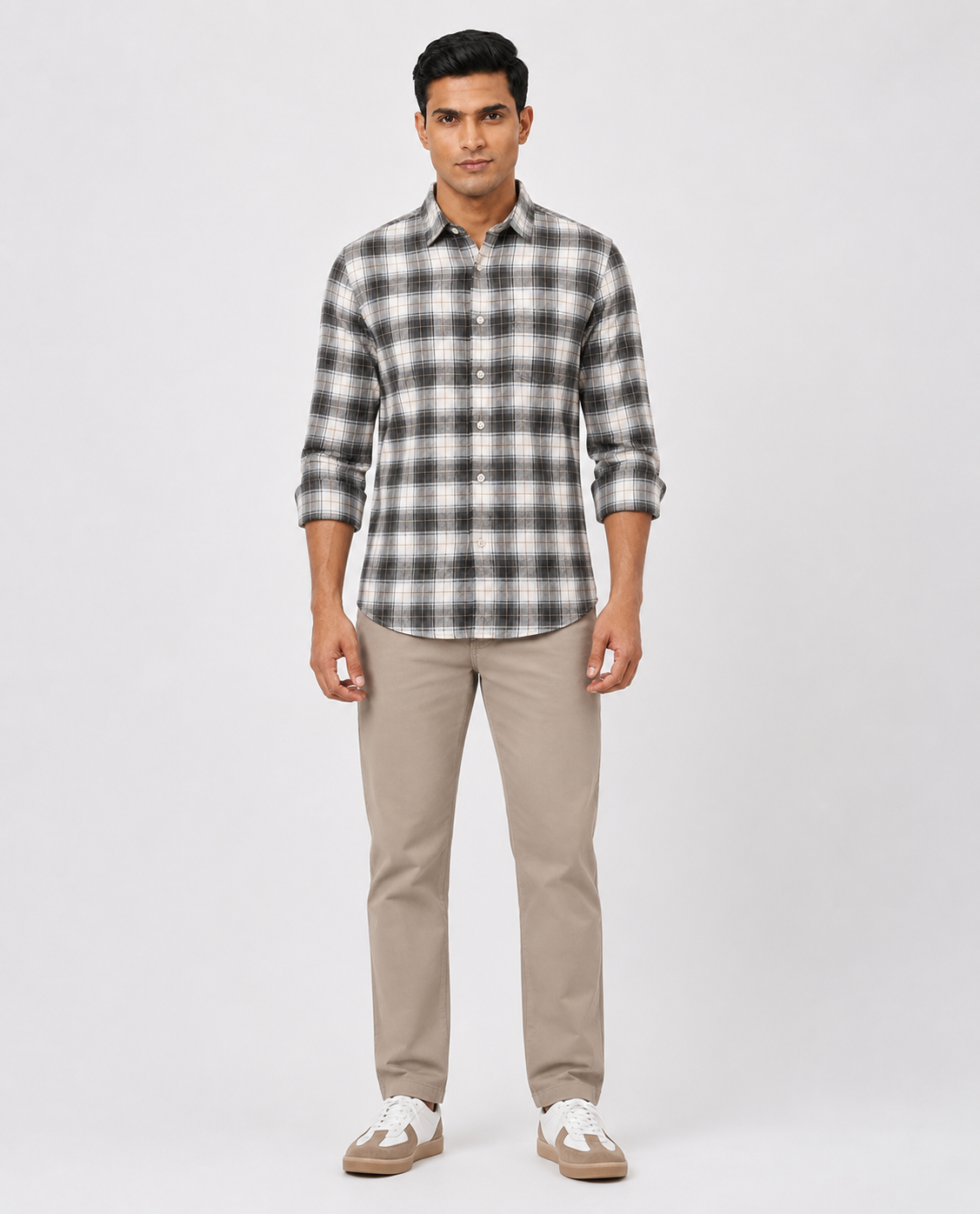 Men Oxford Square Checks Slim Fit Shirt – Grey Blue