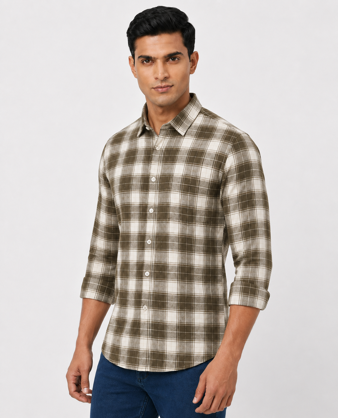 Men Oxford Square Checks Slim Fit Shirt – Olive Grey