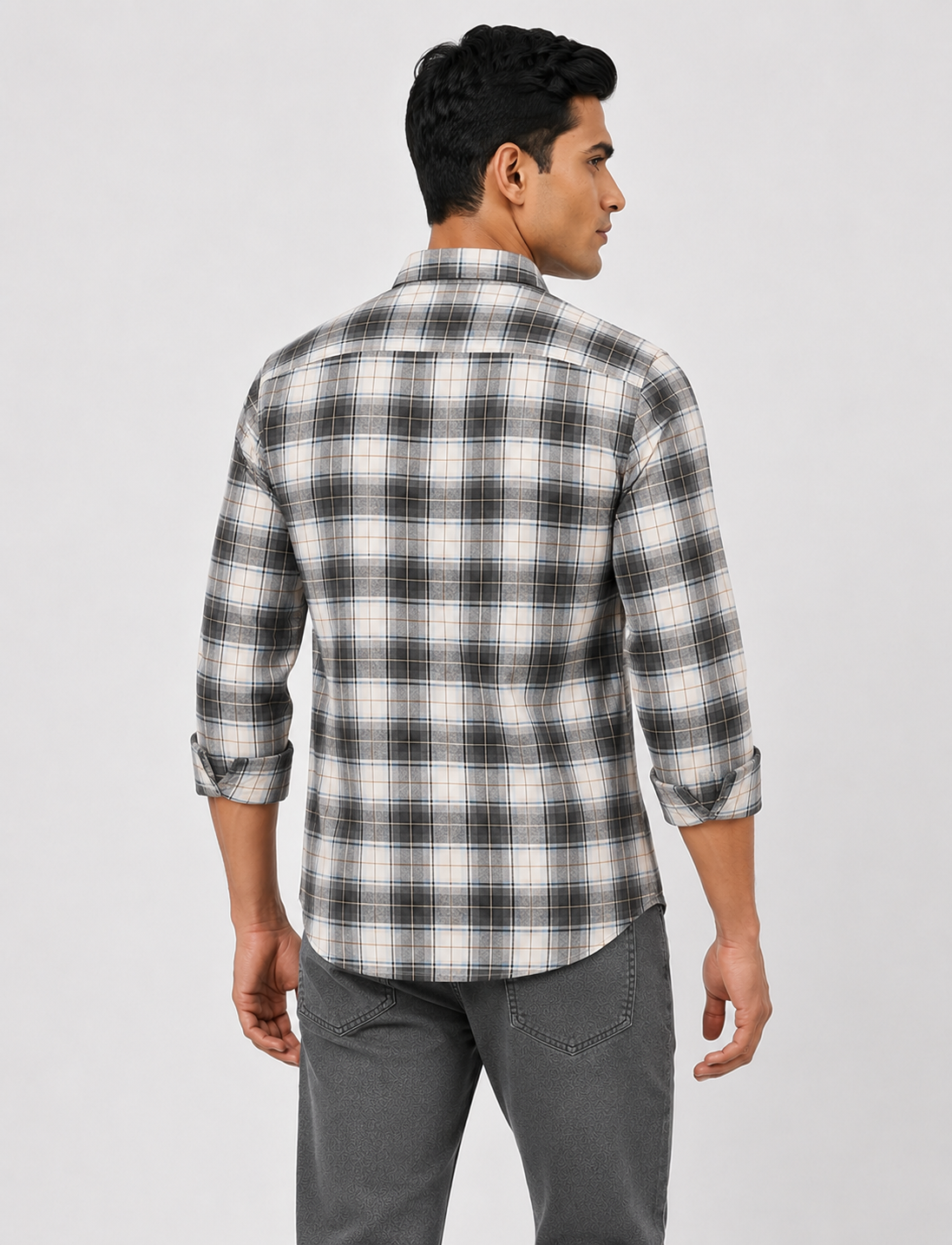 Men Oxford Square Checks Slim Fit Shirt – Grey Blue