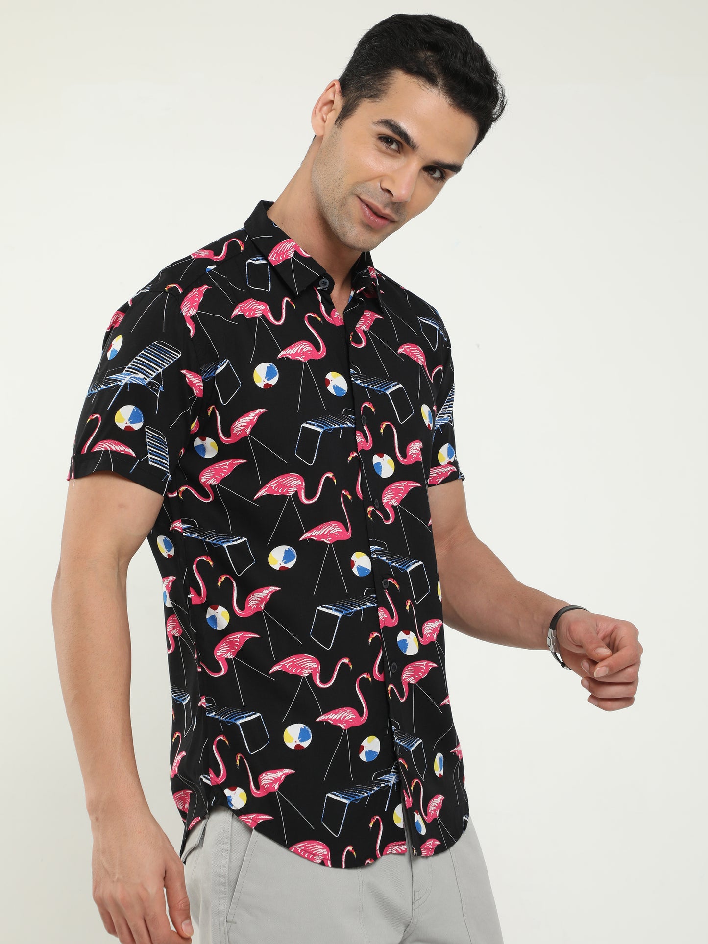Men Urban Vacay Flamingo Black Shirts