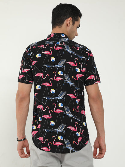 Men Urban Vacay Flamingo Black Shirts